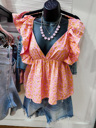 Coral Leopard Print Flutter Sleeve Peplum Top