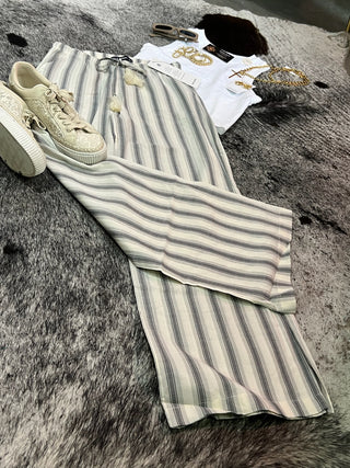 Striped Relaxed Wide Leg Linen Pants — Grey