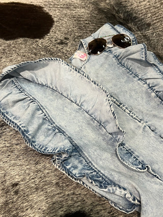 Washed Denim Ruffled Button Detail Romper
