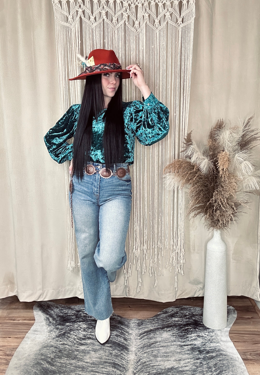 Hunter Green Macie Velvet Long Sleeve Top