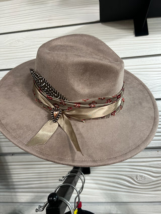 Taupe Custom Western Hat with Paisley Band, Heart Concho & Feather