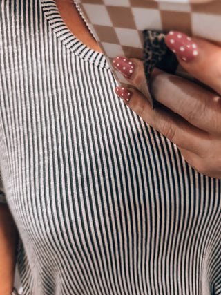 Black Ribbed Striped Oversized Short Sleeve Top