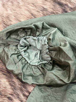 Olive satin look tie neck balloon sleeve top with ruffled neckline and gathered bubble hem, photo 5