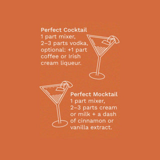 Recipe graphic for a perfect espresso martini cocktail and a perfect mocktail using the mixer