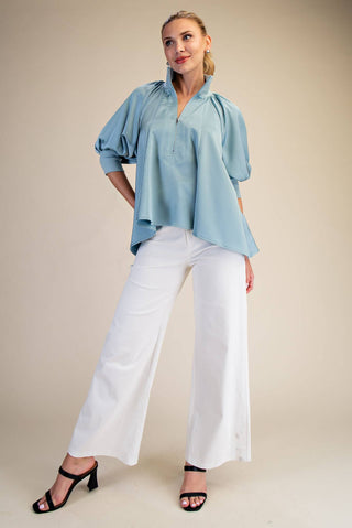 Blue Satin Puff Sleeve Mock Neck Zipper Blouse