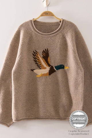 Mallard in Flight duck graphic raglan crew neck sweater in mocha brushed knit