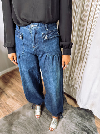 Ankle Drawstring Wide Denim Jeans