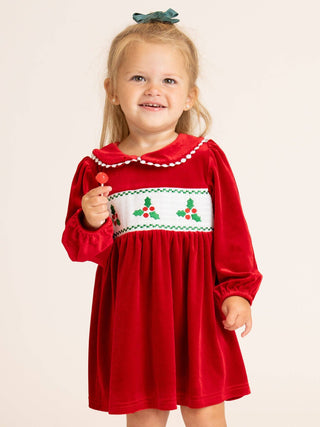 Girls ruby red velvet smocked holly Christmas dress, photo 6