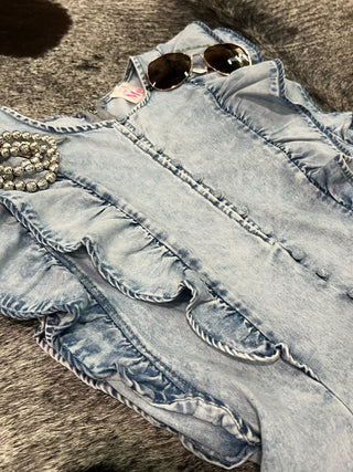 Washed Denim Ruffled Button Detail Romper