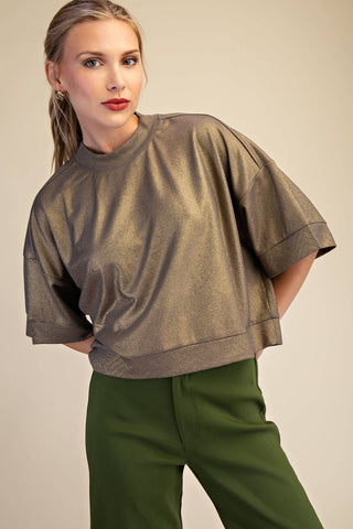 Camel Textured Knit Crew Neck Top