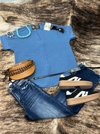 Woven Airflow V-Neck Short Sleeve Top — Dusty Blue