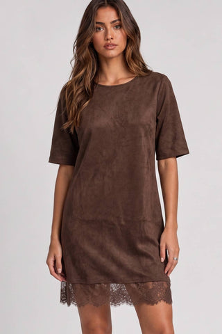 Faux Suede Lace Hem Mini Dress