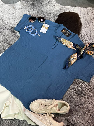 Dusty Blue Woven Split Neck Top