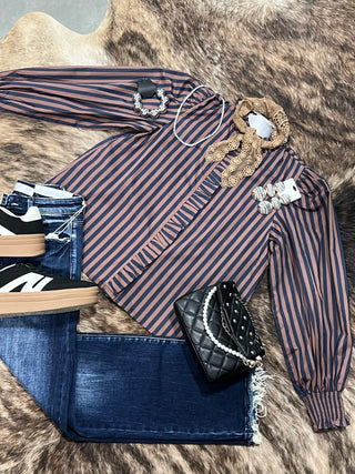 Stripe Gathered Yoke Puff Sleeve Button Down Long Sleeve