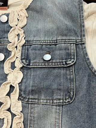Washed denim ruffle vest