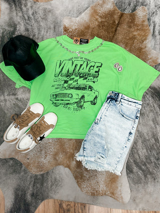 Bright Green Vintage Racing Club Cropped Graphic Tee