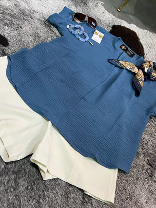 Dusty Blue Woven Split Neck Top