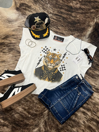 Tiger Mascot Distressed Rhinestone Terry Cloth Crop Tee
