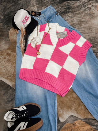 Pink checkered sweater vest