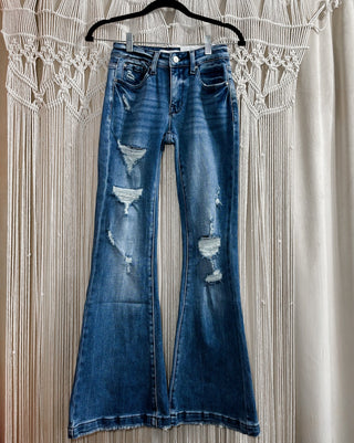 Taylor Mid Rise Dark Wash Distressed Flare