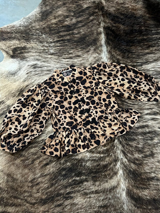Leopard Print Ruffle Sleeve Button-Up Blouse