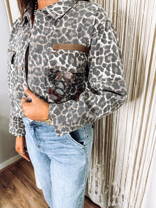 Leopard Denim jacket with back contrast