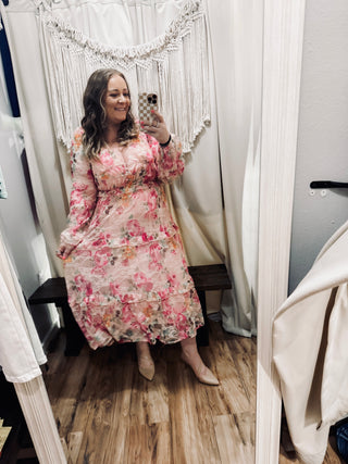 Floral Lace Long Sleeve Tiered Midi Dress