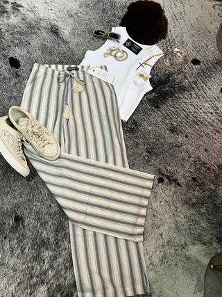 Striped Relaxed Wide Leg Linen Pants — Grey