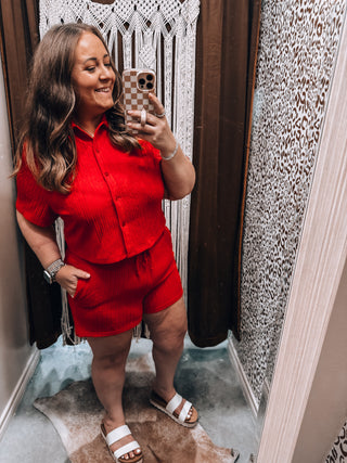 Crinkled Plisse Button Down Shorts Set