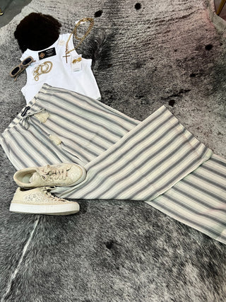 Striped Relaxed Wide Leg Linen Pants — Grey