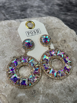Large Iridescent Crystal Circle Drop Earrings
