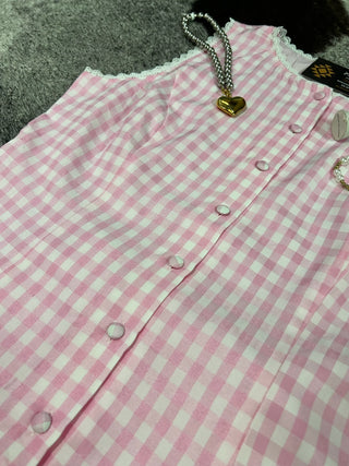 Gingham Lace Trim Button Down Vest Top