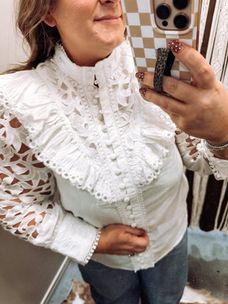 Ivory crochet lace ruffle long sleeve top with high neck and covered buttons, photo 1