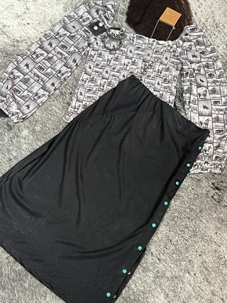 Black Leather Lux Adjustable Pearl Snap Midi Skirt