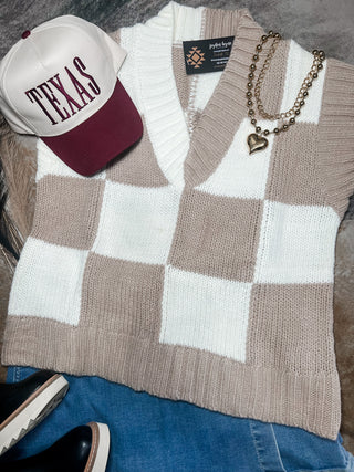 Taupe checkered sweater vest