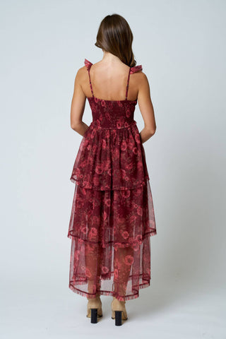 Floral Chiffon Ruffle Tiered Corset Maxi Dress