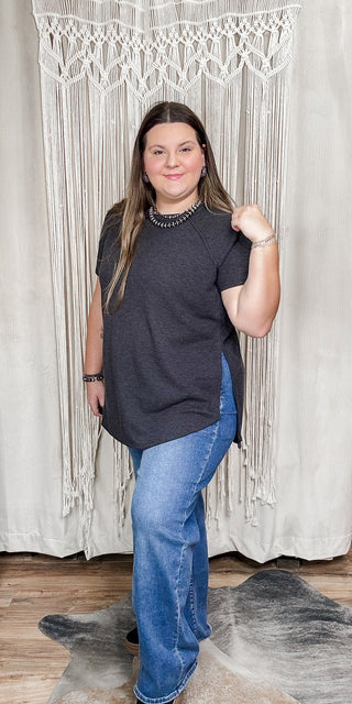Curvy Black Waffle Short Sleeve Top