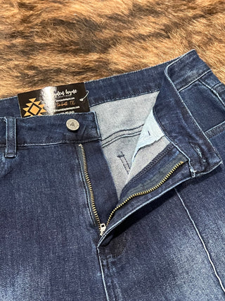 Dark Wash Mid Rise Straight Leg Jeans with Front Seam