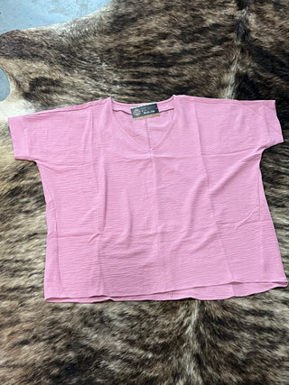 Woven Airflow V-Neck Short Sleeve Top — Rose