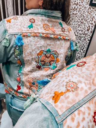 Floral Embroidery Lace Trim Tassel Denim Jacket