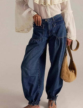 Curvy ankle drawstring wide leg jeans