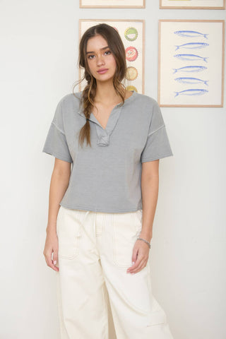 Mocha washed split neck raw edge knit top, drop shoulder detail