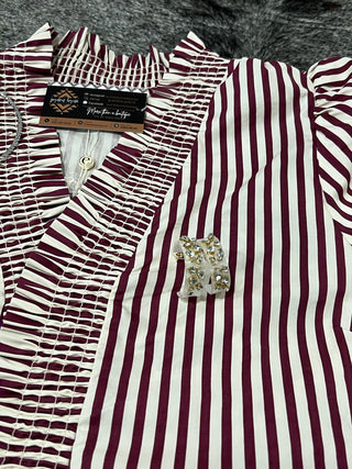 Plus Stripe Smocked V-Neck Puff Sleeve Top