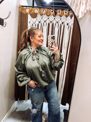 Olive Satin Look Tie Neck Balloon Sleeve Top