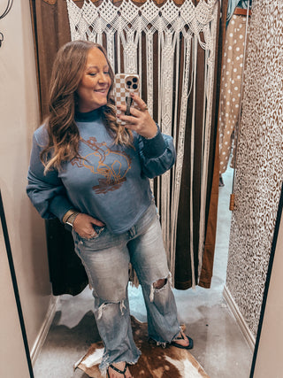Bucking Horse Embroidered Blue Mockneck Sweater