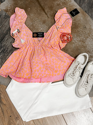 Coral Leopard Print Flutter Sleeve Peplum Top
