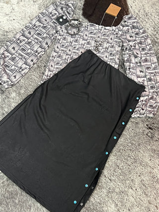 Black Leather Lux Adjustable Pearl Snap Midi Skirt
