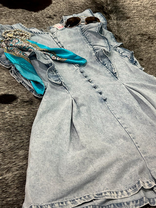 Washed Denim Ruffled Button Detail Romper