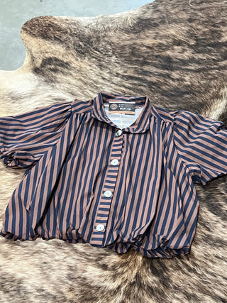 Stripe Gathered Yoke Puff Sleeve Button Down Top