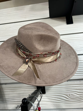 Taupe Custom Western Hat with Paisley Band, Heart Concho & Feather